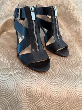 Michael Kors Black Leather Peep-Toe Zip Front Heels (3” heel)